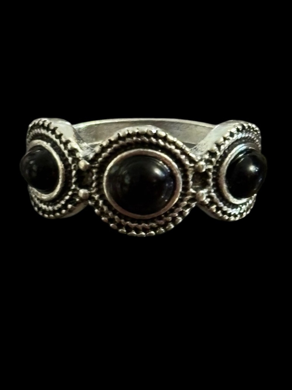 Silver tone Black Stone Three-Panel Ring size 6